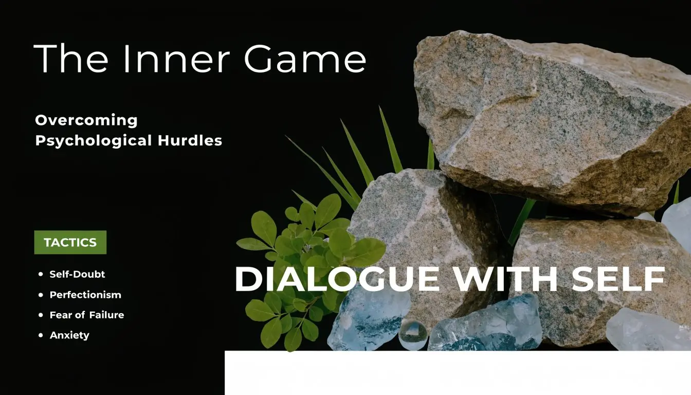 Conceptual image representing overcoming psychological challenges in trading with text about the inner game and self-dialogue.