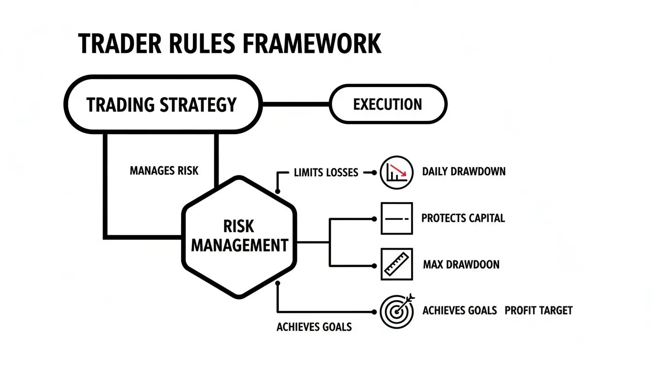 Diagram illustrating a trader's rules framework, connecting strategy, execution, and risk management.