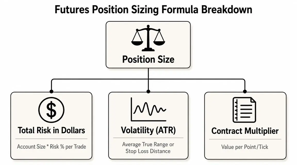 A diagram illustrating the formula for calculating position size in futures trading based on risk, volatility, and multipliers.