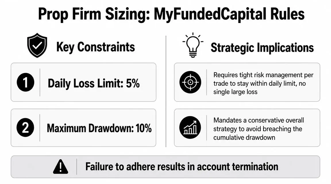 A summary graphic outlining MyFundedCapital prop firm rules regarding daily loss limits and maximum drawdown restrictions.