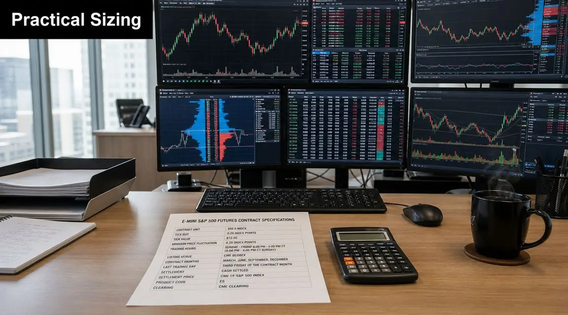 A professional trading desk setup featuring multiple monitors displaying stock market charts and a contract specification sheet.