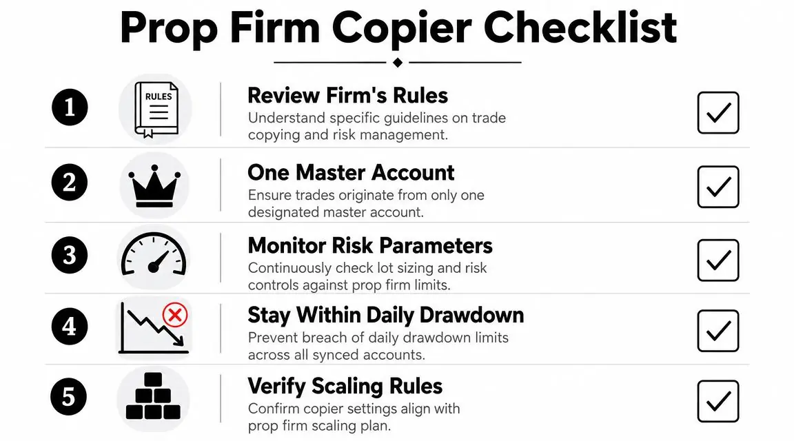 A five-point checklist for using a prop firm trade copier to ensure compliance with risk management.