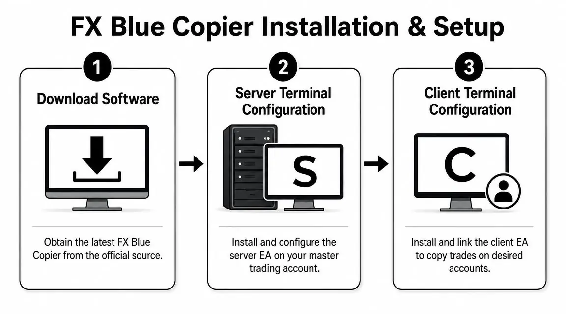 A three-step infographic showing the installation and configuration process for the FX Blue trade copier software.