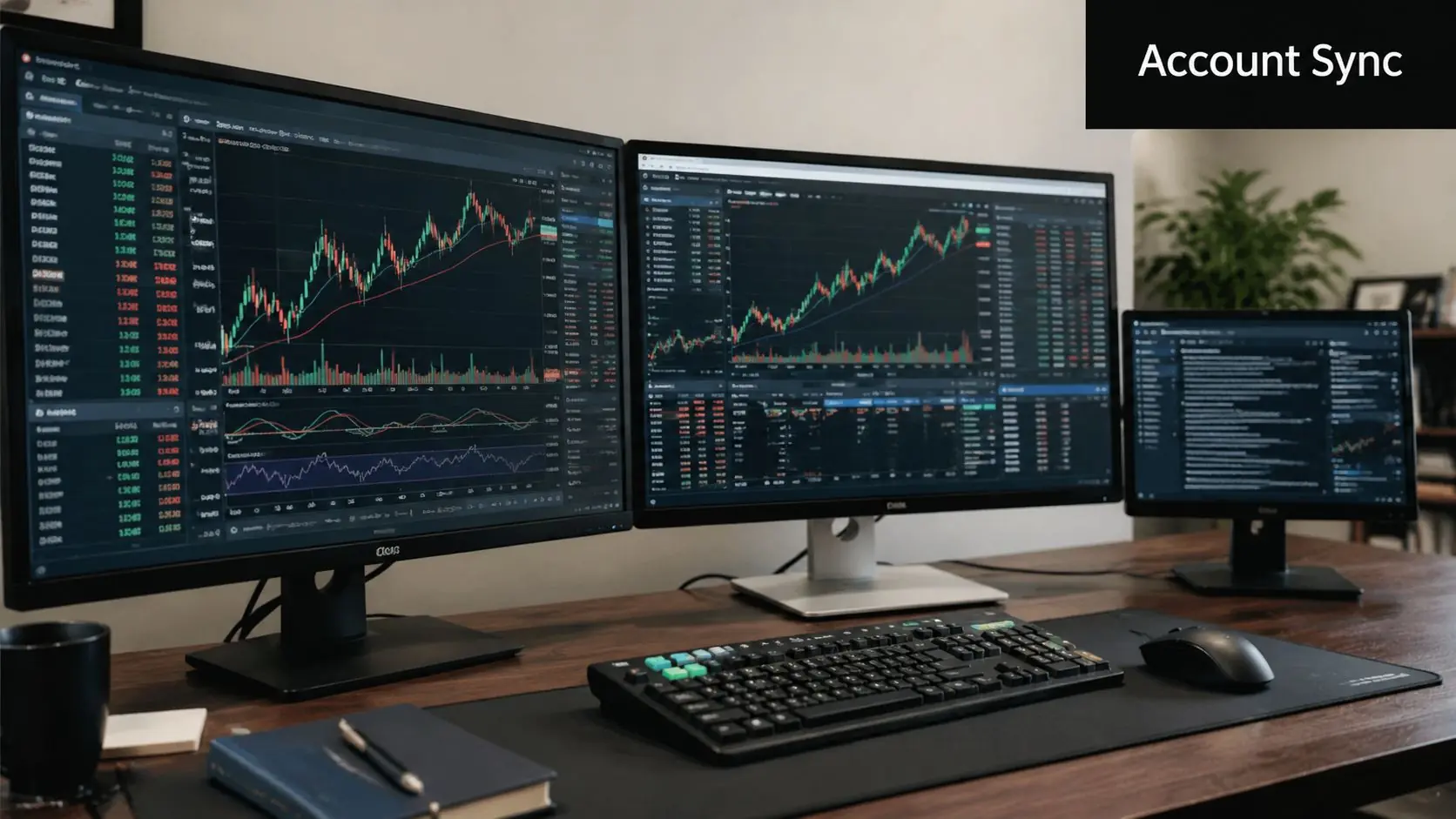 A professional trading desk setup featuring three computer monitors displaying financial market charts and data analysis software.