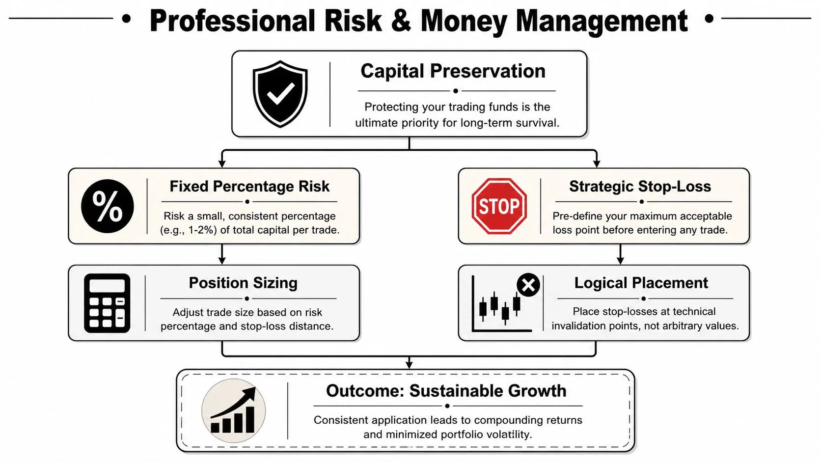 A professional infographic diagram outlining the core strategies of risk and money management for successful trading.