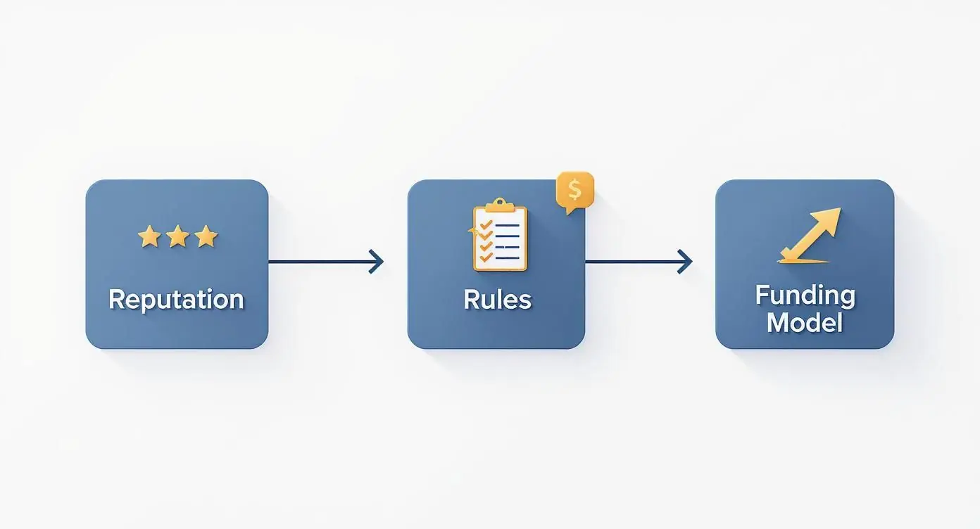 Flowchart illustrating reputation (stars), leading to rules (checklist, dollar sign), then to a funding model (upward arrow).