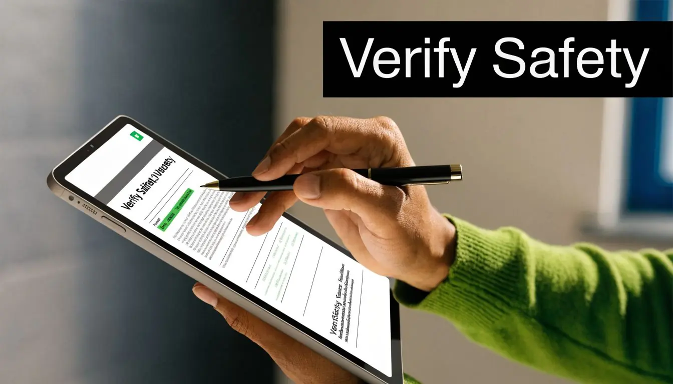 A person's hand using a stylus to sign a digital document labeled Verify Safety on a tablet.