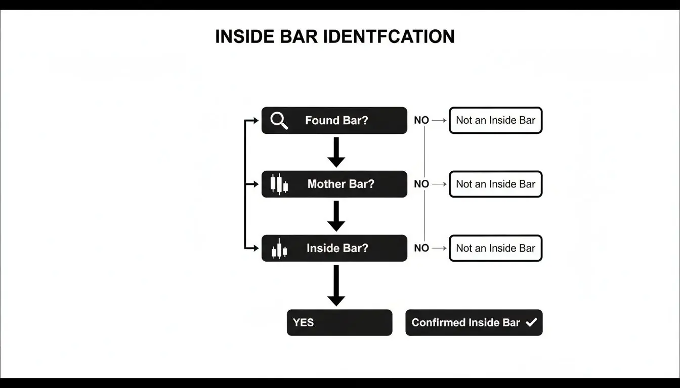 A flowchart illustrates the step-by-step identification process for an inside bar candlestick pattern.