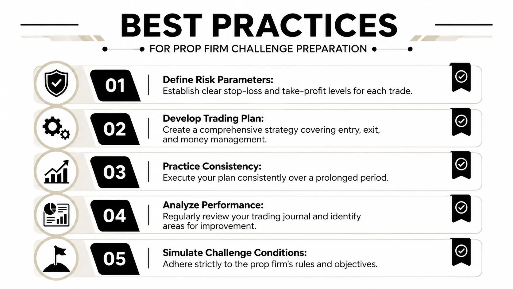 An infographic titled Best Practices for Prop Firm Challenge Preparation listing five essential steps for traders.