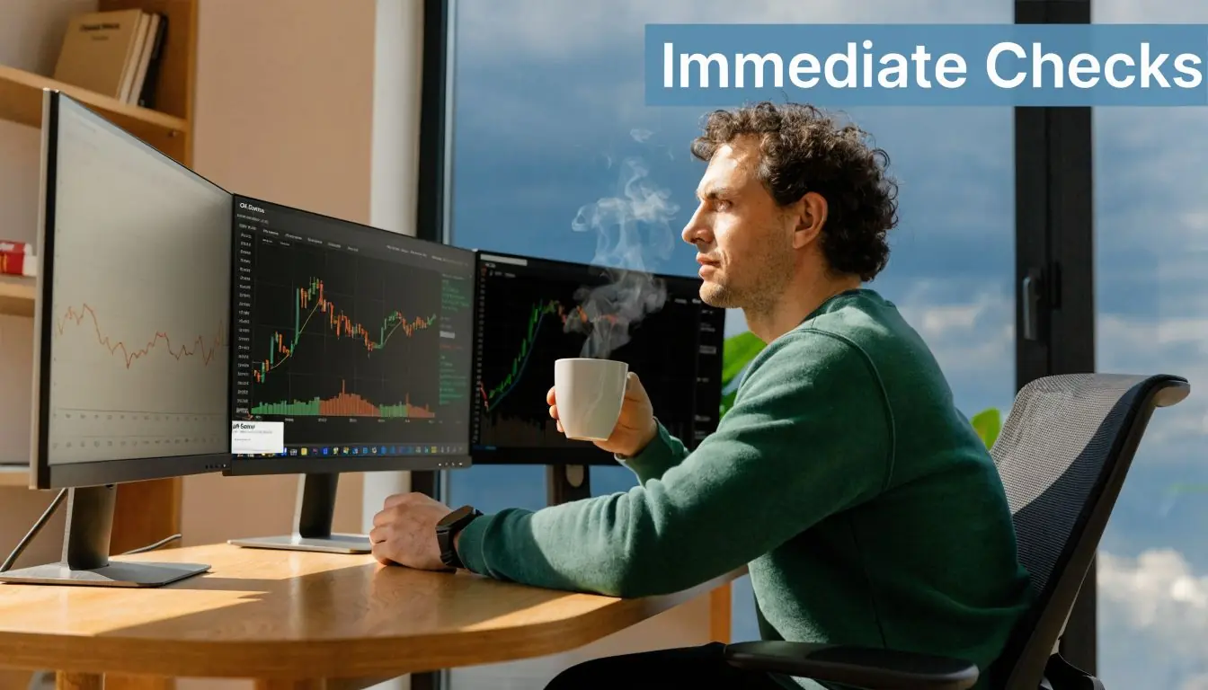 A trader sitting at a desk with multiple monitors displaying stock market graphs while holding coffee.