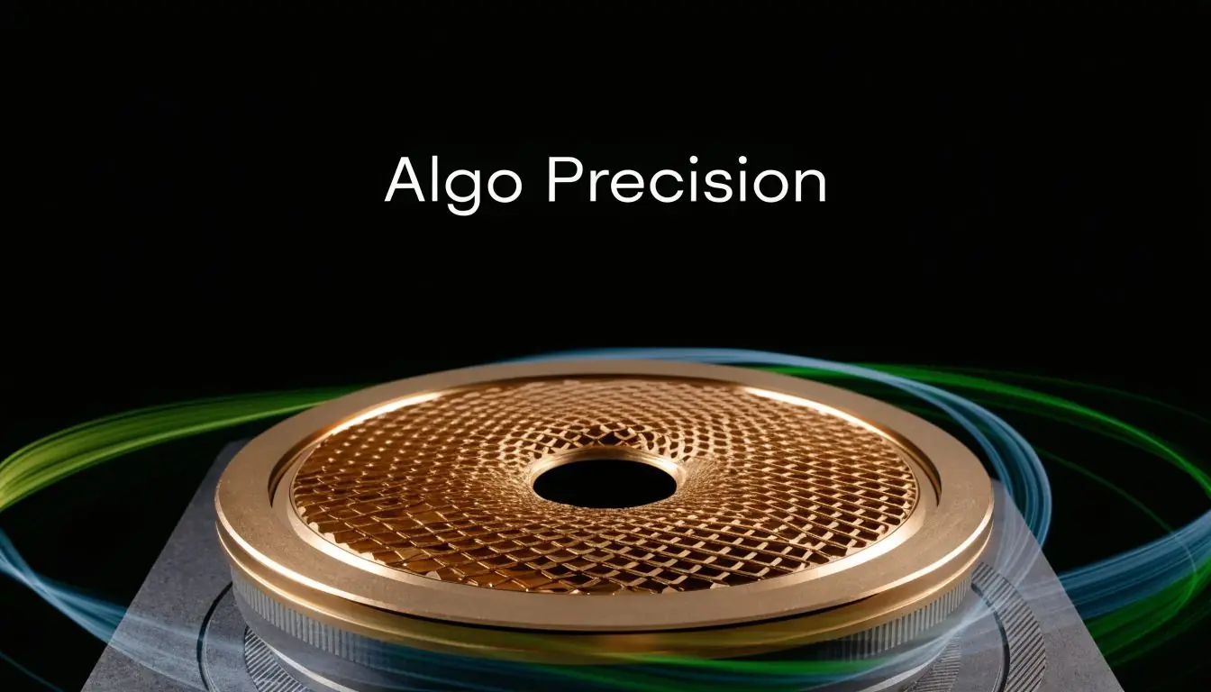 A metallic, gold-colored circular precision component with an intricate lattice texture, set against a dark background with light trails.