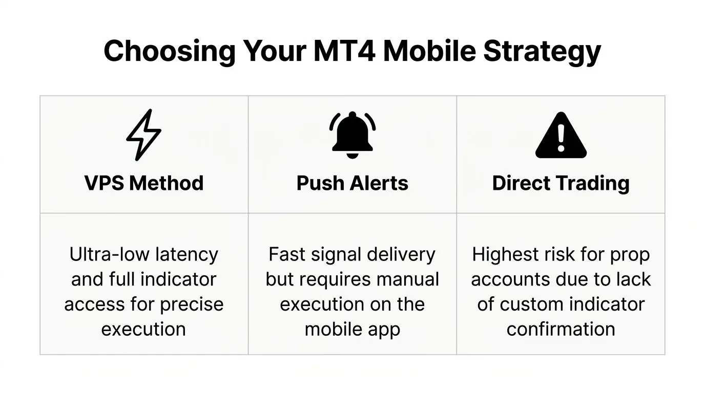 A comparison chart outlining three strategies for using MT4 on mobile devices: VPS method, push alerts, and direct trading.