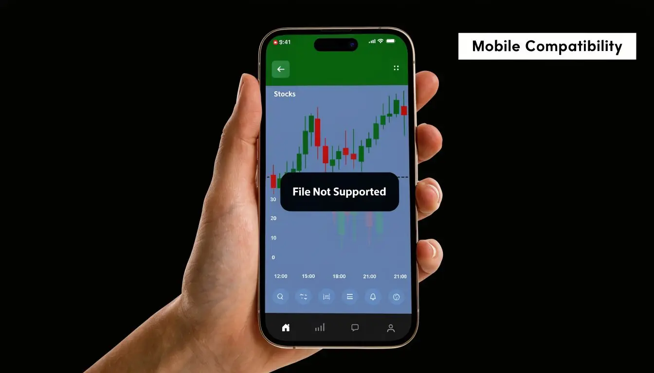 A hand holding a smartphone displaying an error message that a file is not supported on a trading app.