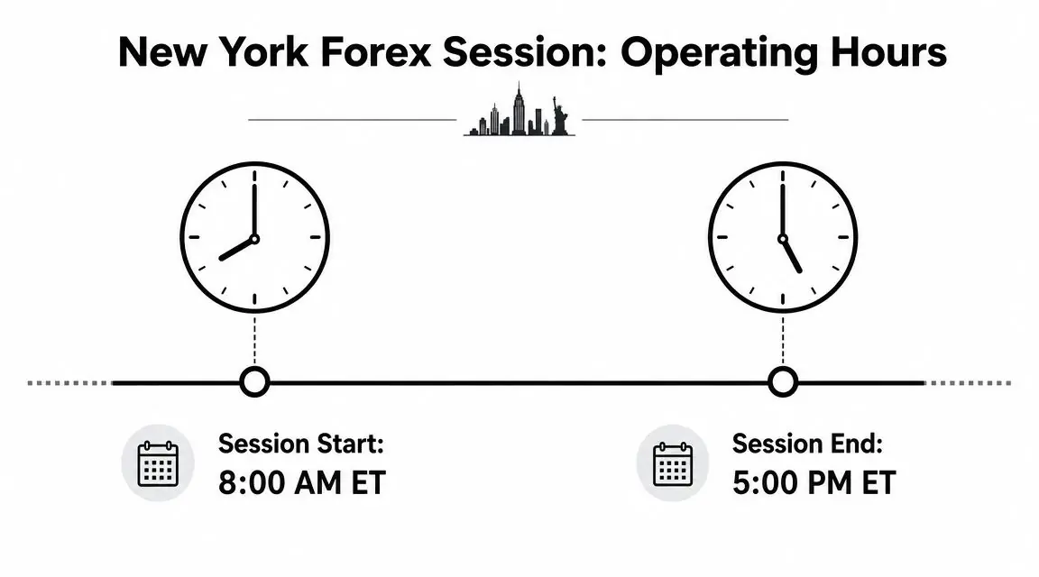 A graphic showing the New York Forex trading session operating hours from 8:00 AM to 5:00 PM ET.