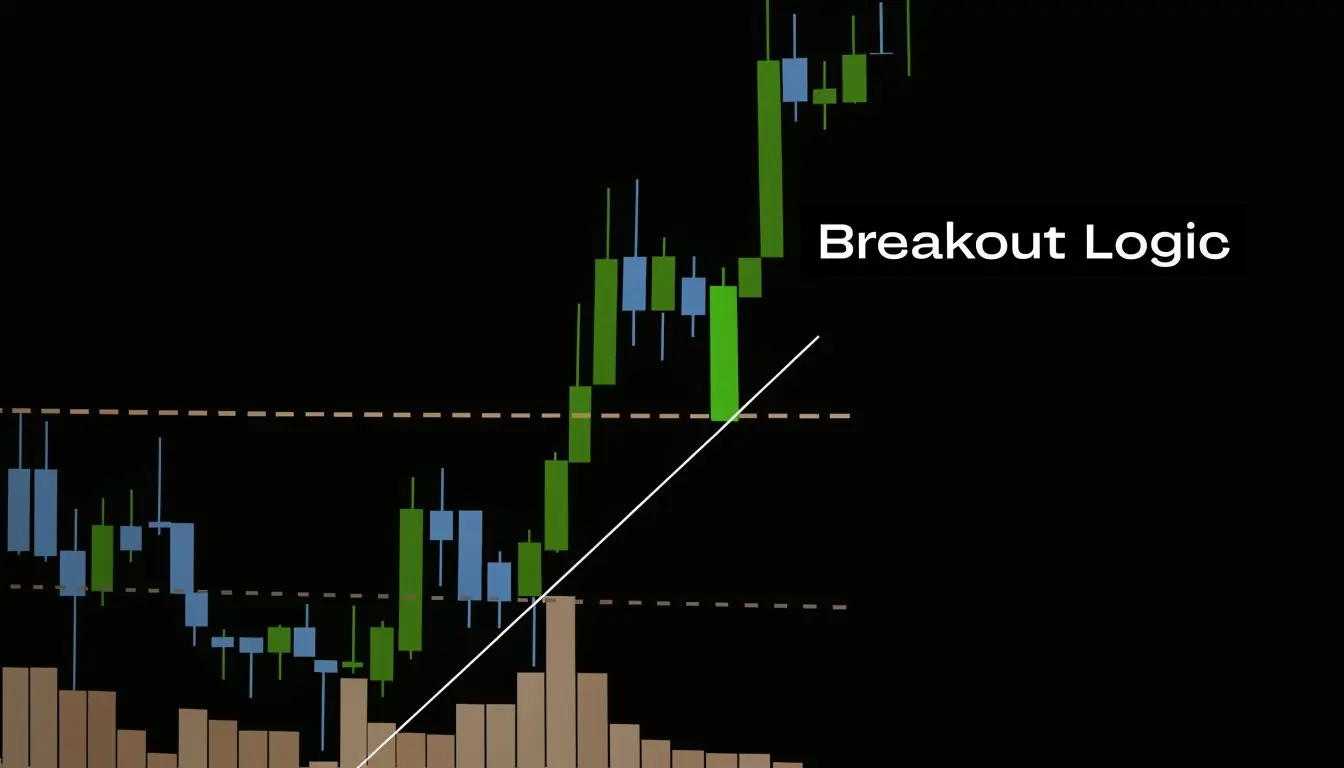 A candlestick stock market chart illustrating an opening range breakout with a white trend line.