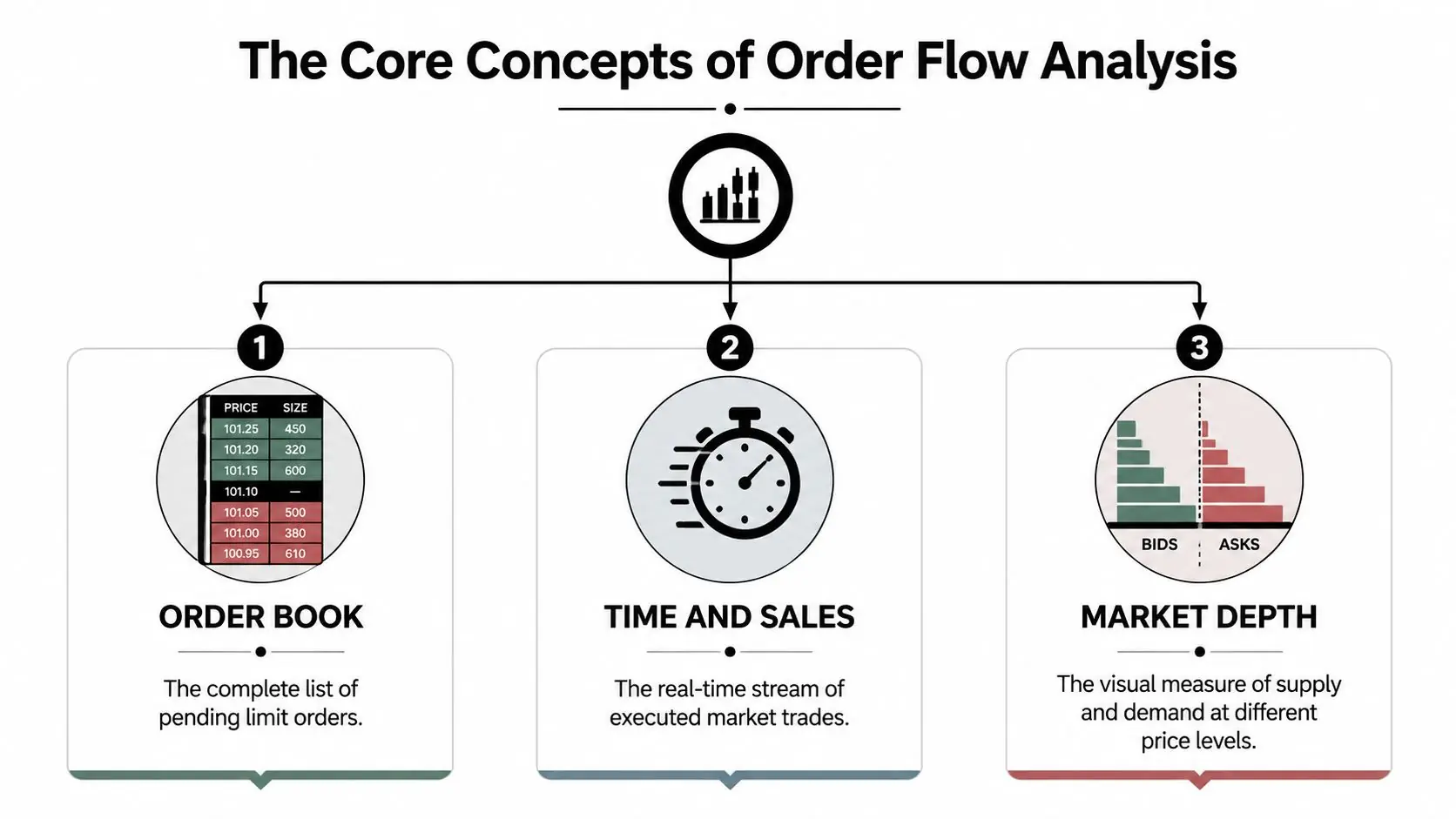 A diagram explaining the three core concepts of order flow analysis: order book, time and sales, market depth.
