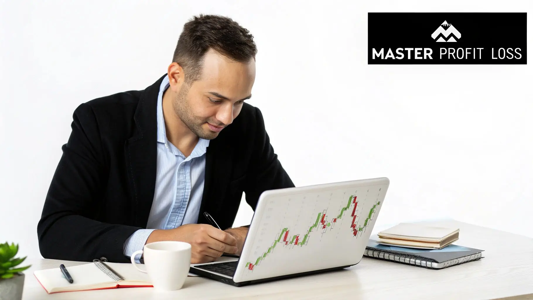 A man in a suit analyzes a stock chart on his laptop, taking notes at a desk.
