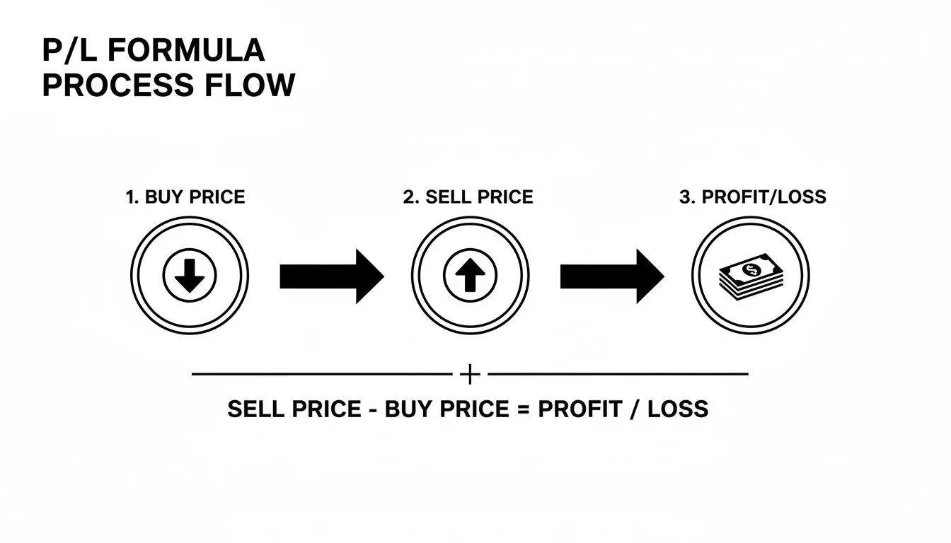 Process flow for Profit/Loss formula, illustrating buy price, sell price, and profit or loss calculation.