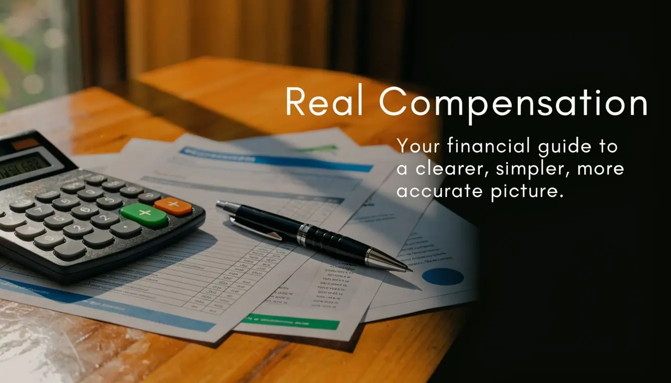 A calculator and pen resting on financial documents, promoting a guide for clearer compensation understanding.