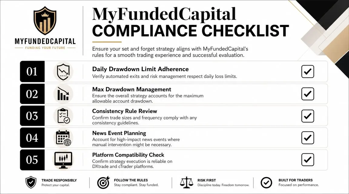 A MyFundedCapital compliance checklist infographic detailing five essential rules for maintaining a successful funded trading account.