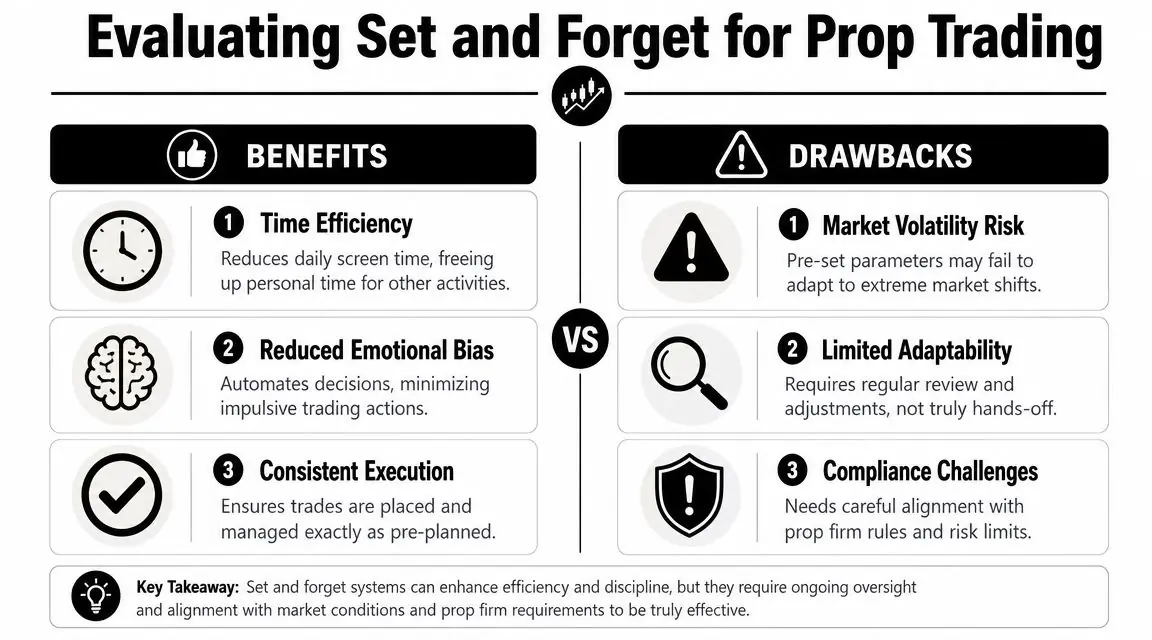 An infographic comparing the benefits and drawbacks of using a set and forget strategy for prop trading.