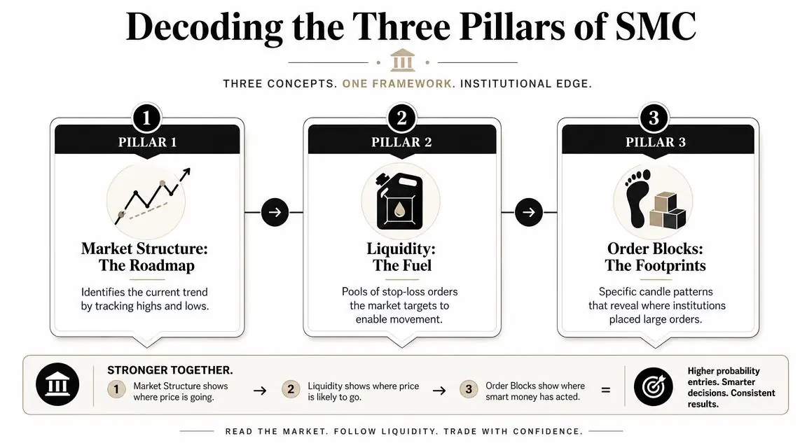 An educational infographic explaining the three pillars of Smart Money Concepts: market structure, liquidity, and order blocks.