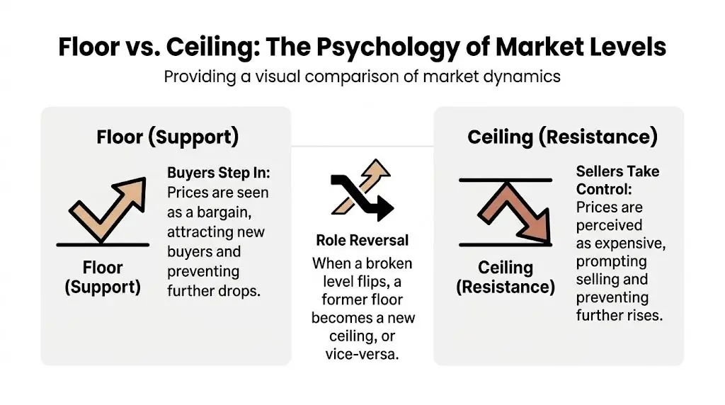 A diagram illustrating the psychology of support and resistance levels in stock market technical analysis.
