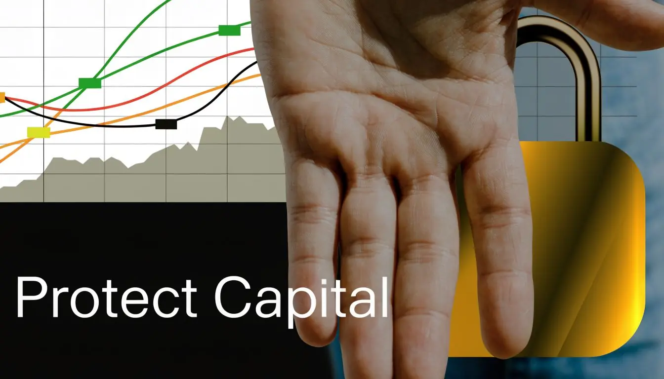 A hand held in front of a financial graph and a golden padlock, representing capital protection.