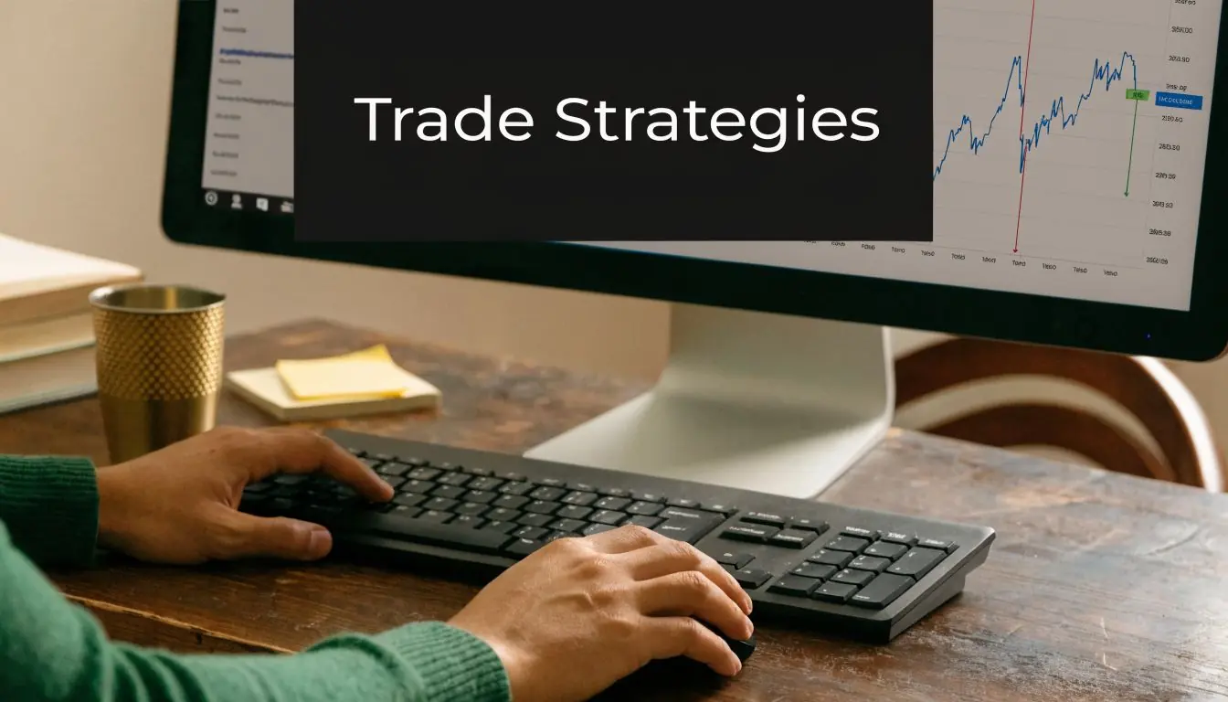 A person working at a desk using a computer to analyze financial trading strategies and charts.