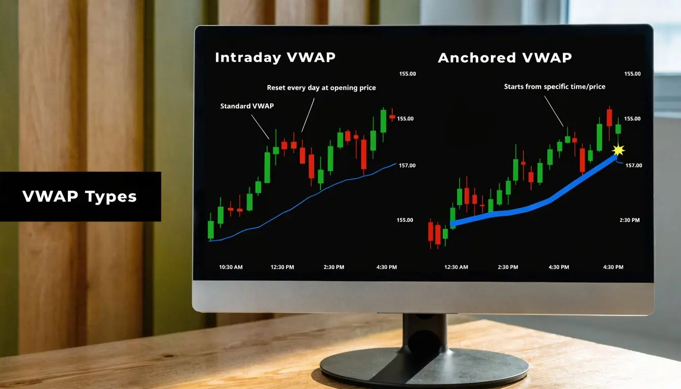 A computer screen displaying a comparison chart between Intraday VWAP and Anchored VWAP trading indicators.