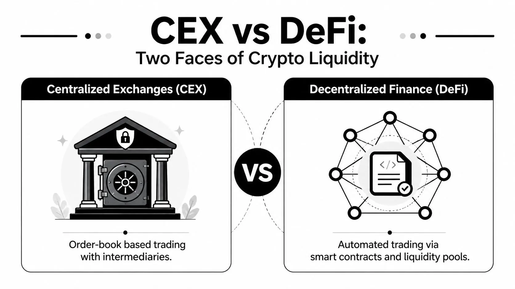 A comparison infographic between centralized exchanges and decentralized finance showing their different trading mechanisms and structures.