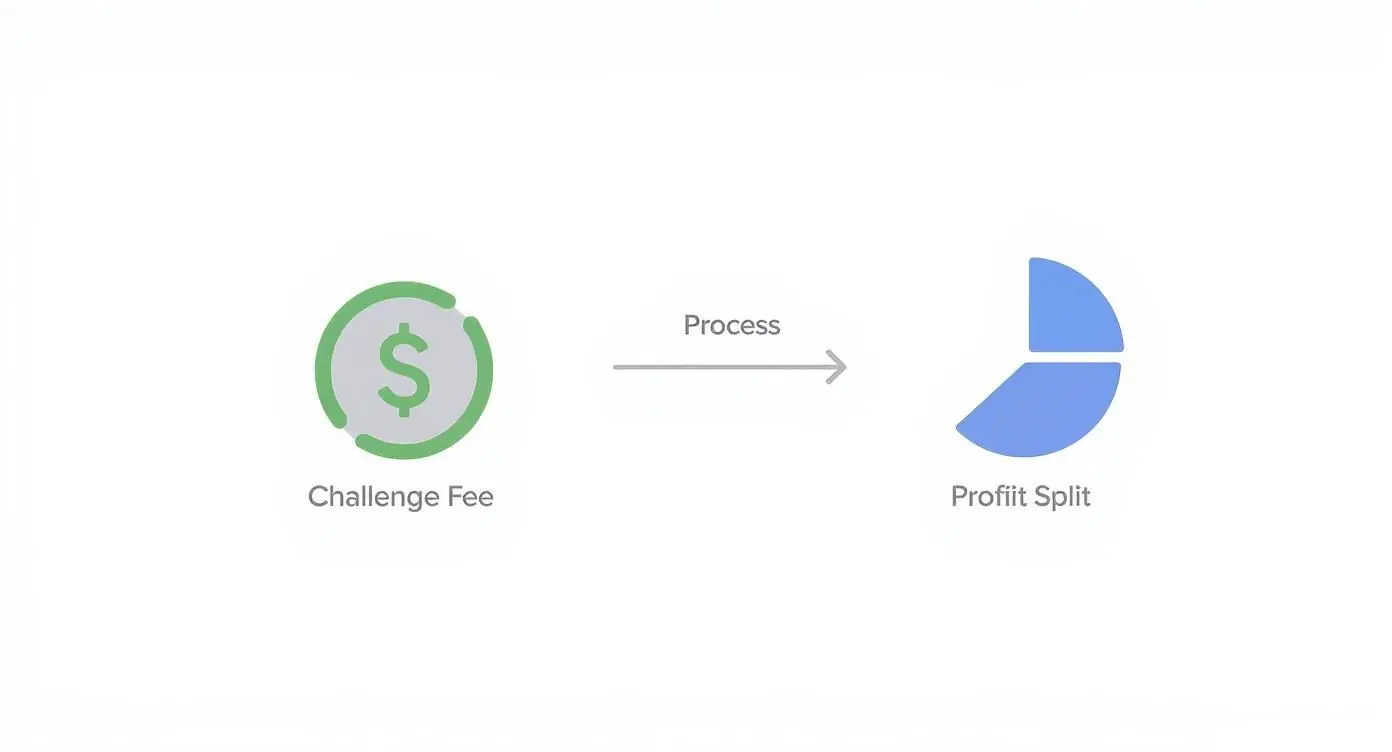 Diagram illustrating the process from a challenge fee, represented by a dollar coin, to a profit split.