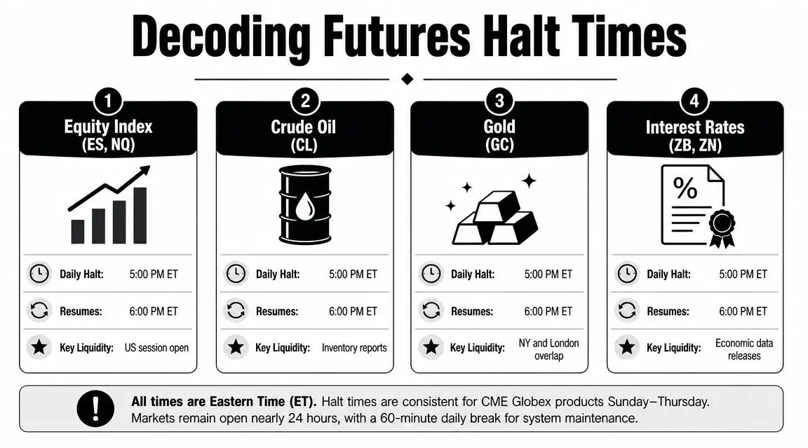 A chart showing daily maintenance halt and resume times for Equity, Oil, Gold, and Interest Rate futures.