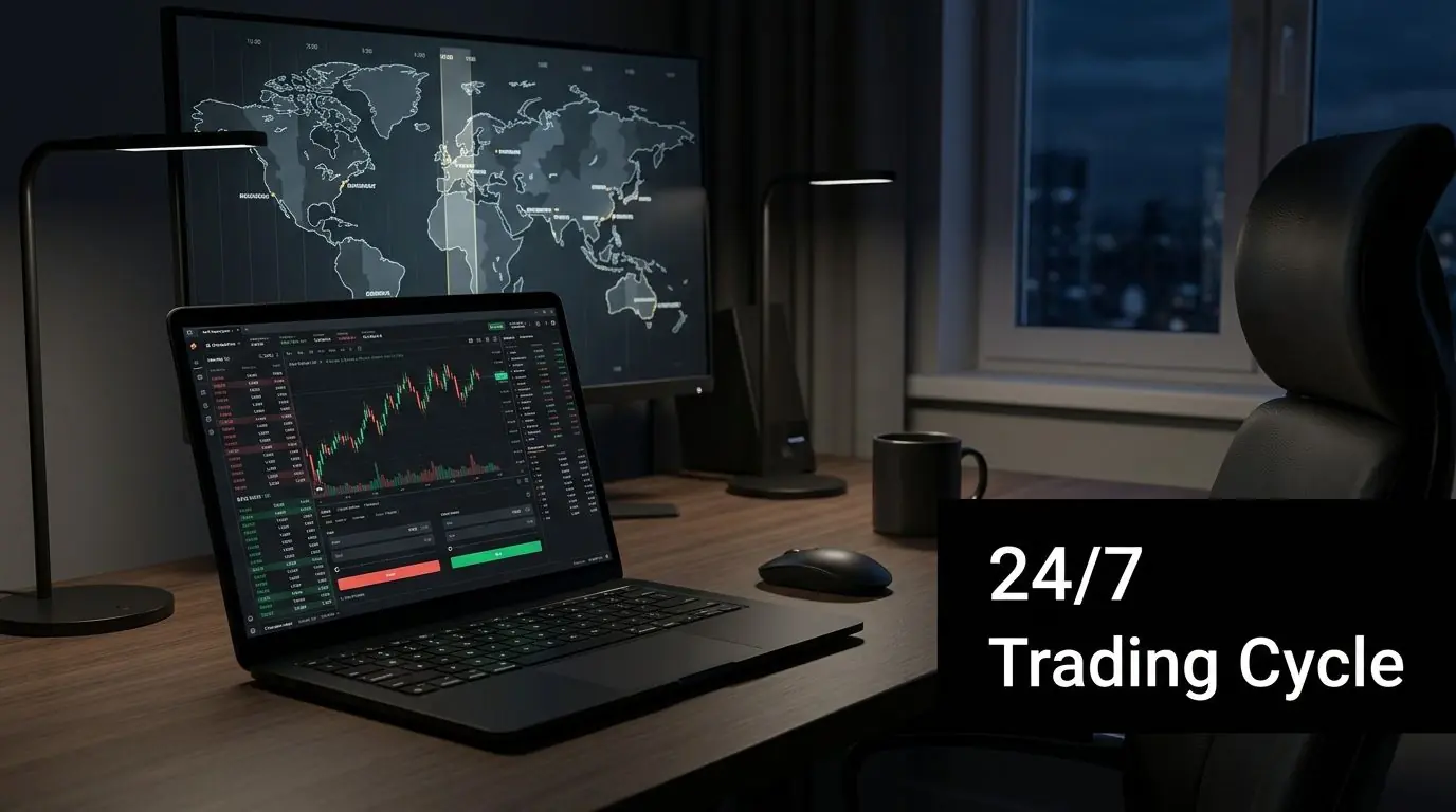 A modern home office desk featuring a laptop showing trading charts and a world map monitor.