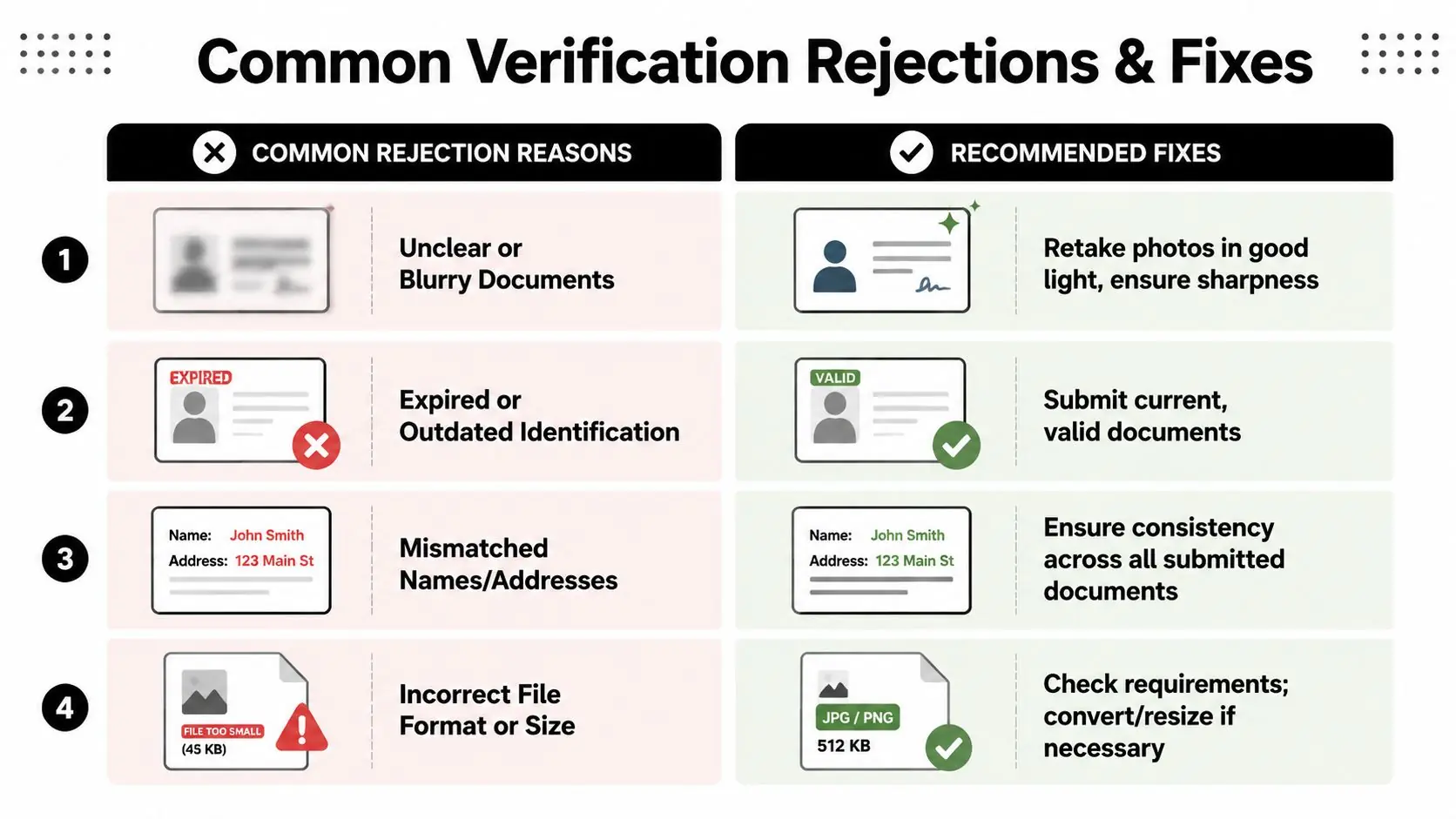 A visual guide outlining common reasons for document verification rejection and recommended steps to fix them.