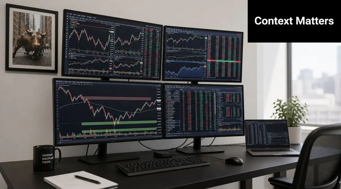 A professional trading desk setup featuring four computer monitors displaying stock market charts and a laptop.