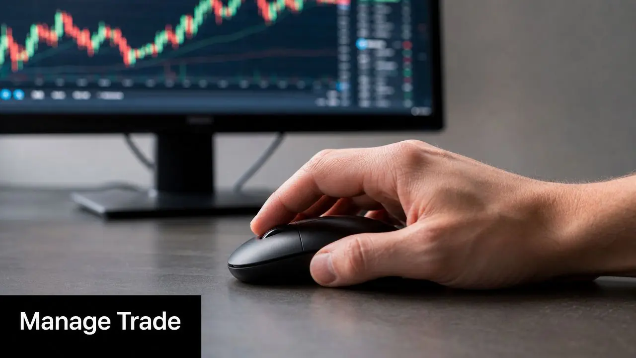 A person using a computer mouse to manage stock trading charts on a monitor screen.