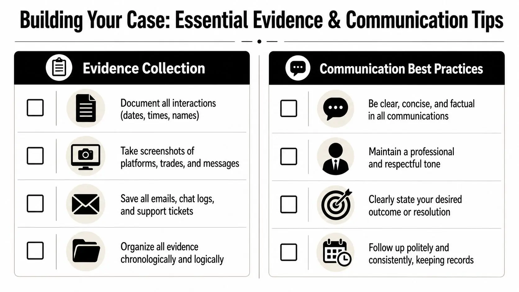 An infographic titled Building Your Case showing tips for evidence collection and communication during dispute resolution.