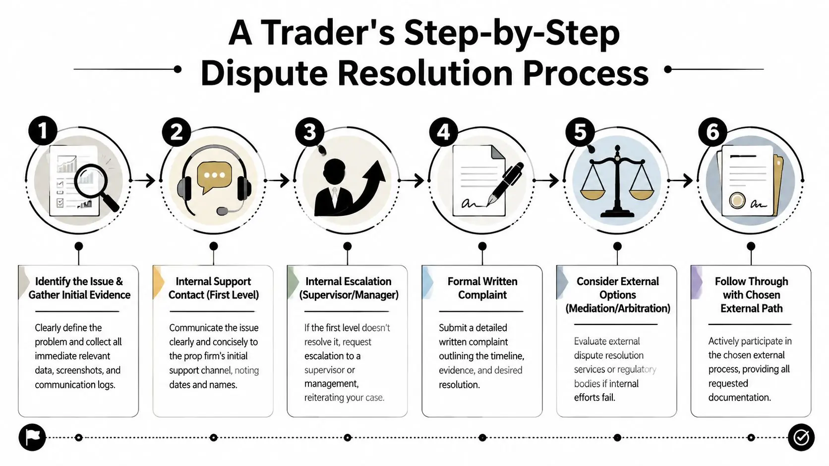 A six-step infographic detailing a trader's formal process for resolving disputes with professional trading firms.