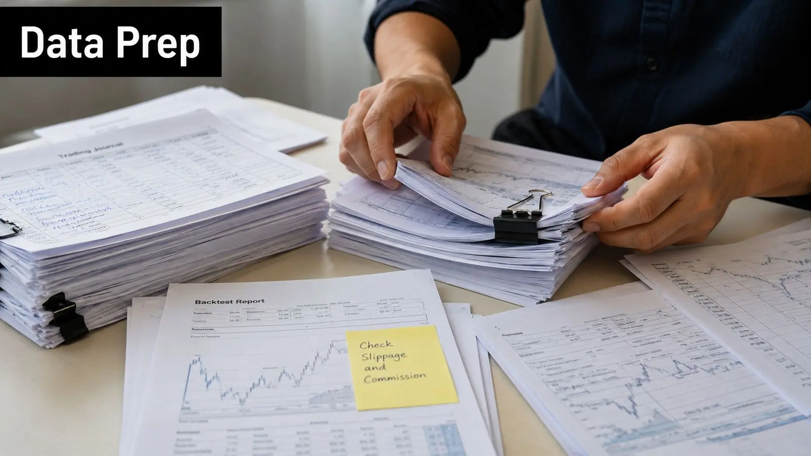 A person reviewing financial trading journals and backtest reports on a desk with a note attached.