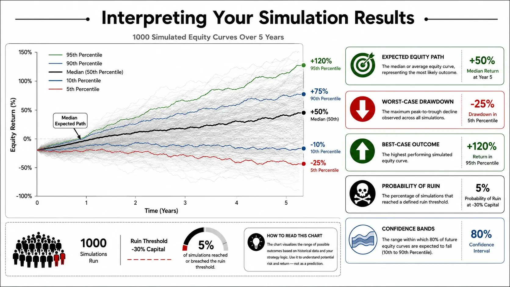 A line chart showing simulated equity curves and performance statistics over a five-year investment period.