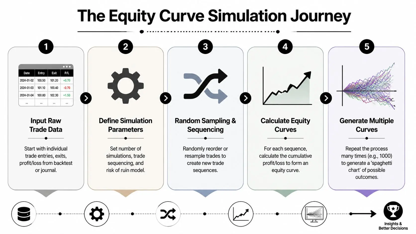 A five-step infographic showing the process of building an equity curve simulation for trading strategies.