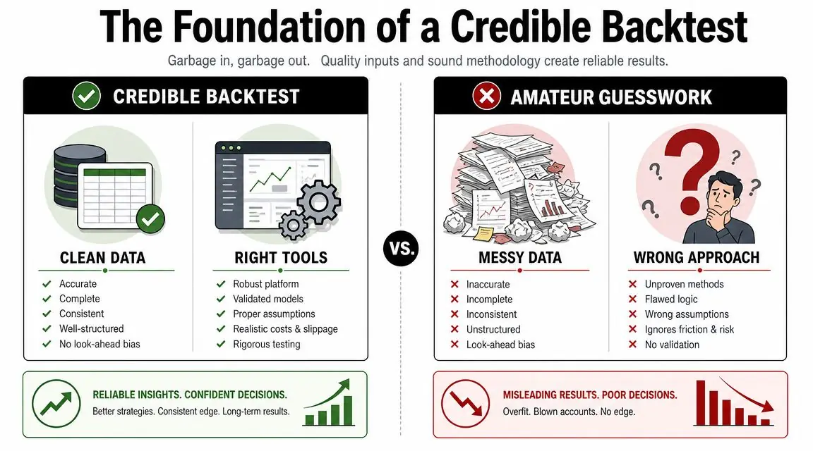 A comparison chart showing the components of a credible backtest versus amateur guesswork for financial trading strategies.