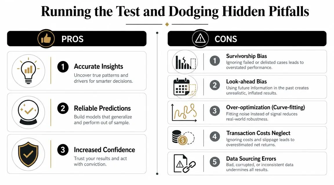 An infographic comparing the pros and cons of backtesting trading strategies, highlighting key benefits and potential pitfalls.
