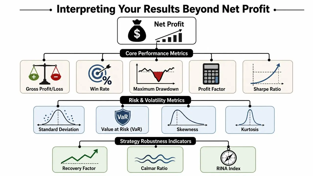 A diagram illustrating essential financial performance metrics for interpreting trading strategy results beyond just net profit.