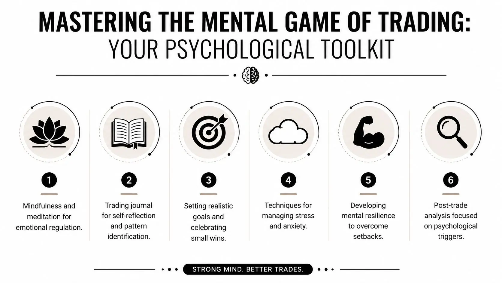 A six-step infographic on mastering the mental game of trading with psychological tools for traders.