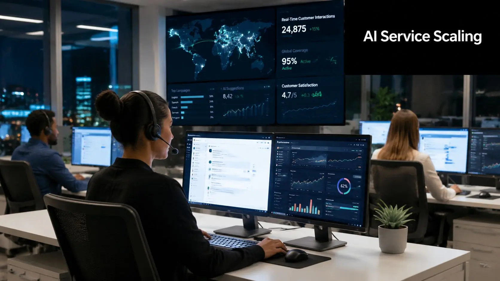Customer service agents working in a modern office with digital dashboards displaying global data and statistics.