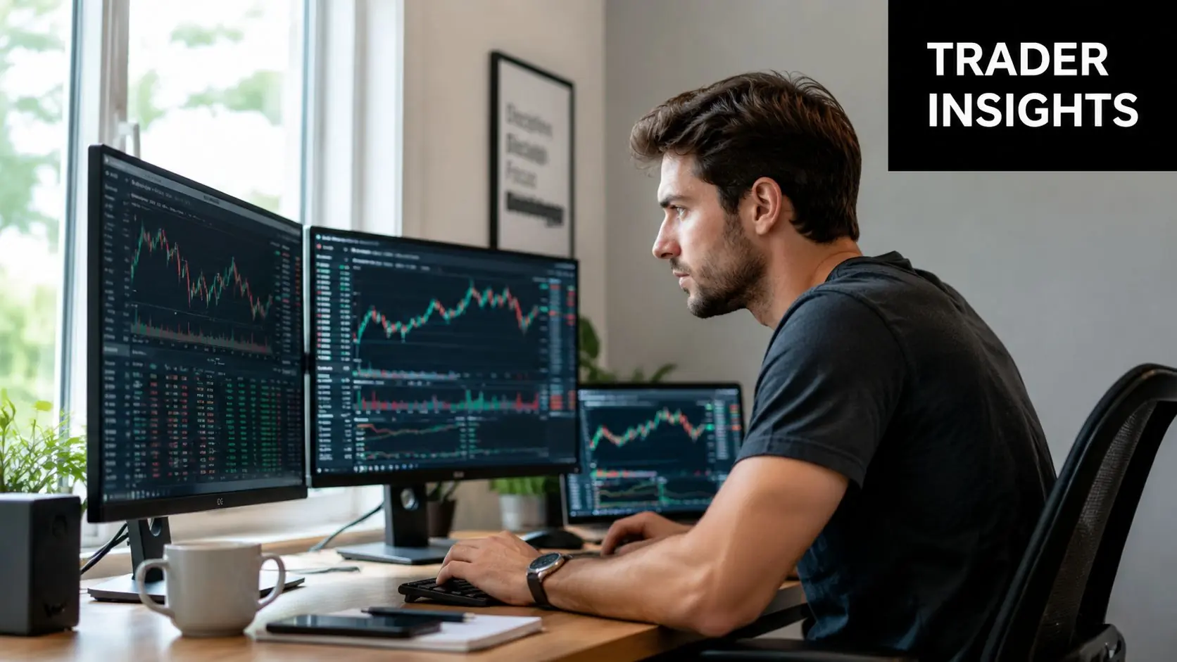 A focused trader analyzing complex financial market data on multiple computer screens in a home office.