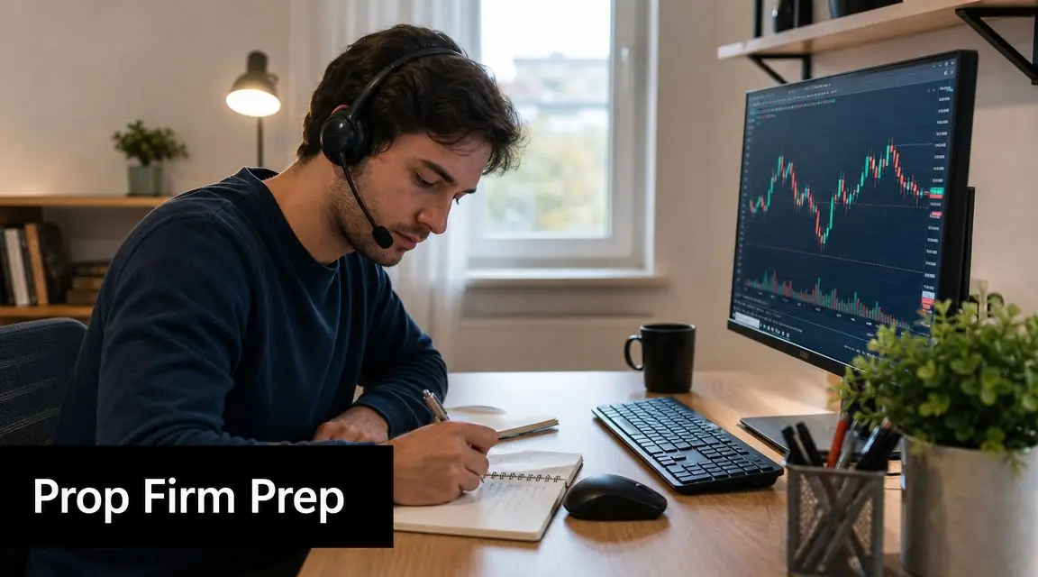 A young man with a headset writing in a notebook while analyzing financial trading charts on monitor.