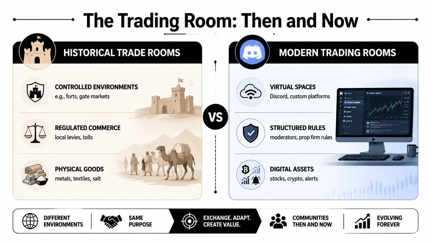 An infographic comparing historical, physical trading marketplaces with modern, digital virtual trading rooms and online platforms.